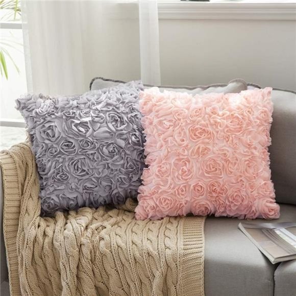 2 Pcs 3D Decorative Romantic Chiffon Rose Flower Pillow Cover  |  18x18 Inch - Picture 6 of 6
